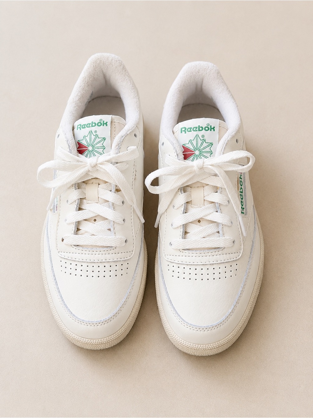 Reebok Off-White Leather Sneakers with Green Logo